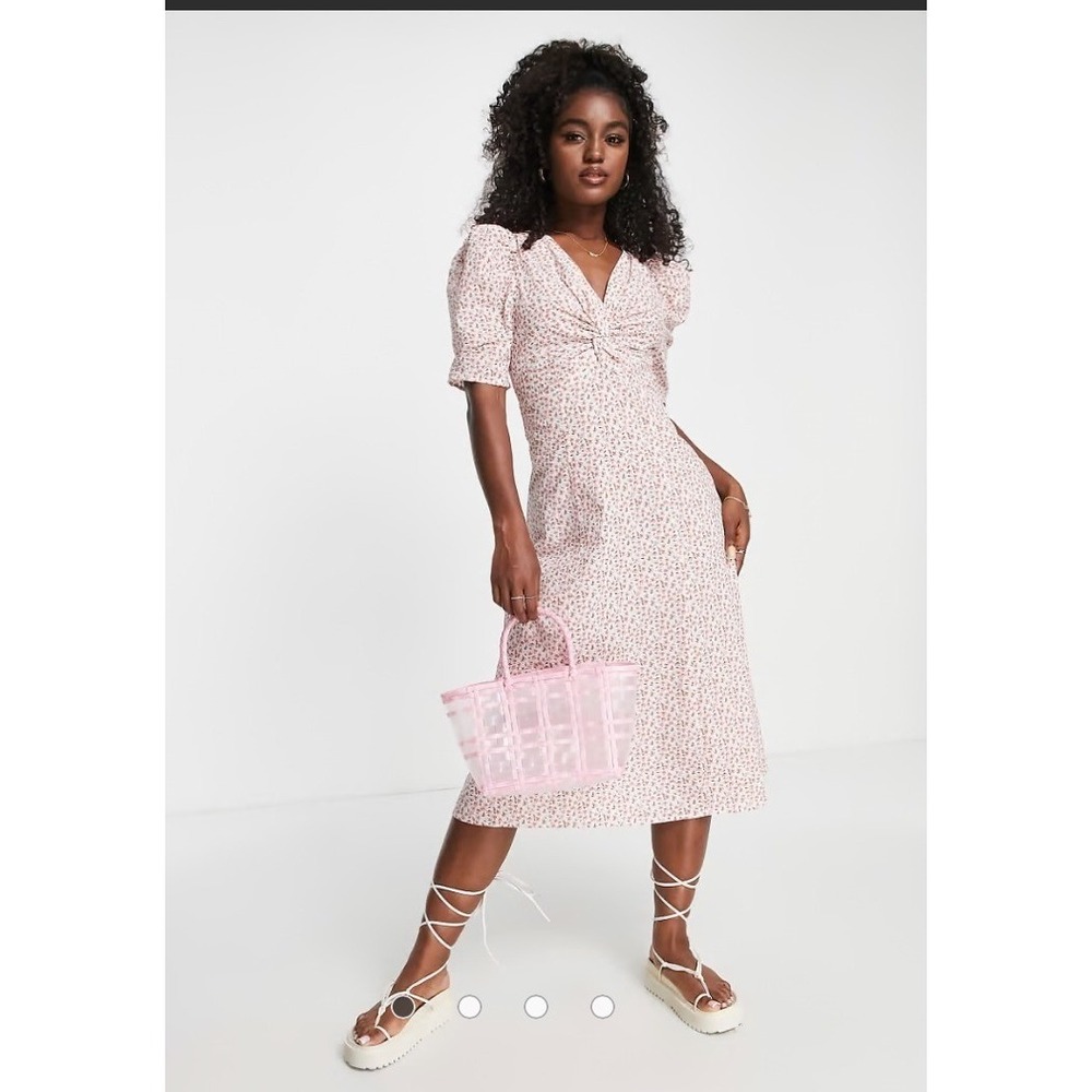Urban Revivo Pink Floral Puff Sleeve Twist Front Midi Dress 10 V-Neck Seersucker